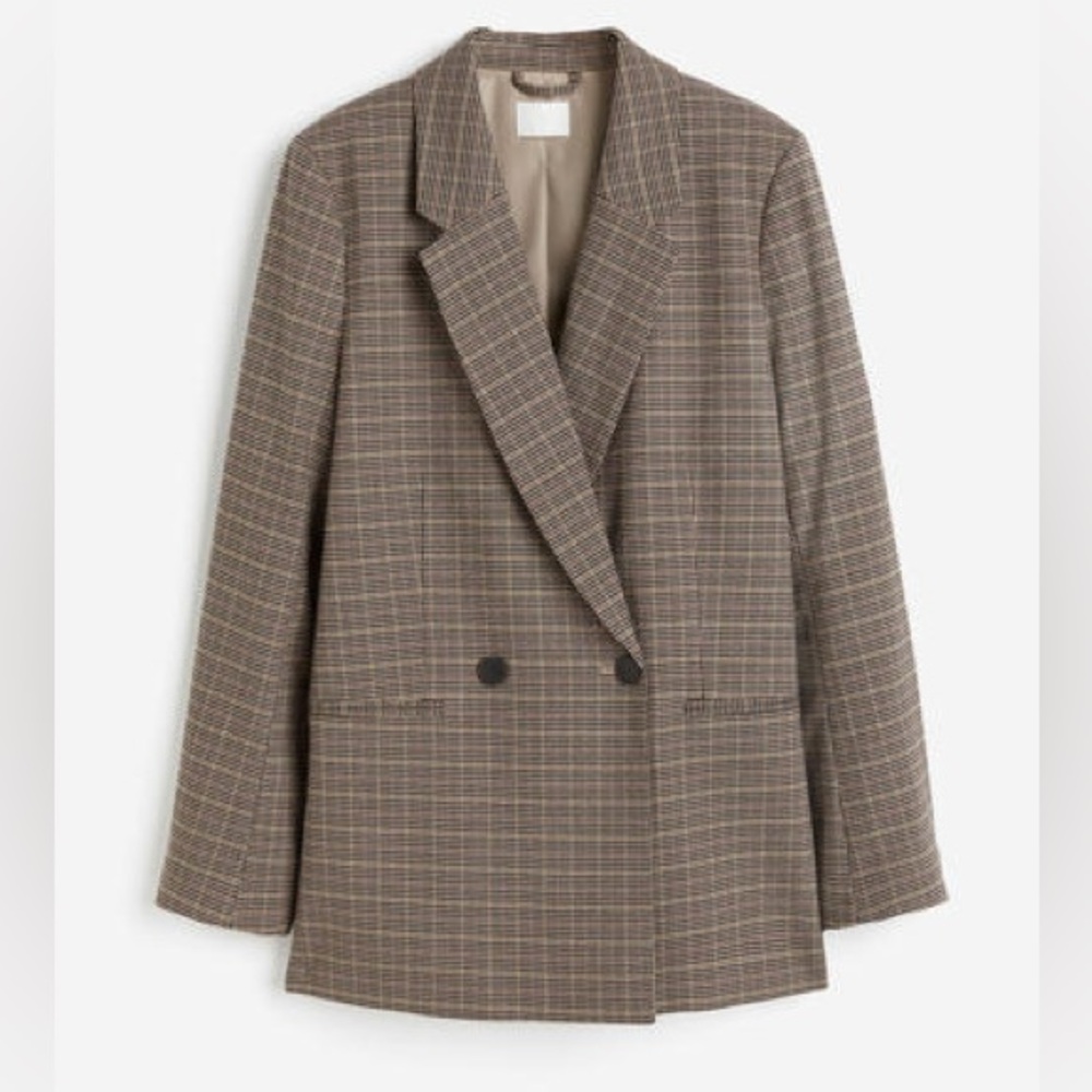 H&M Brown Plaid Double-Breasted Houndstooth Blazer